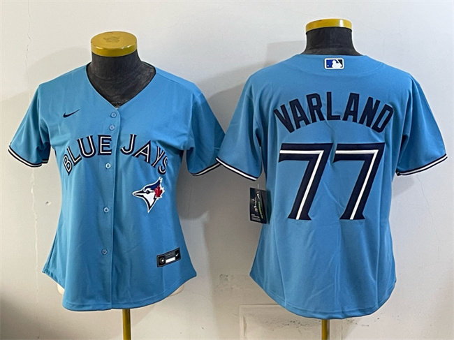 Women's Toronto Blue Jays #77 Louis Varland Blue Stitched Baseball Jersey(Run Small) Women's Toronto Blue Jays #77 Louis Varland Blue Stitched Baseball Jersey(Run Small)